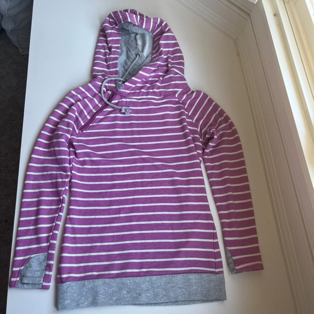 Pink and White Striped Double Hooded Women’s Sweatshirt